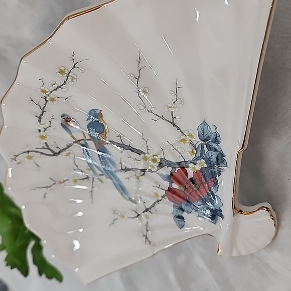 Vintage Ceramic Fan Dish with Birds & Cherry Blossoms from Japan - Picture 3 of 7